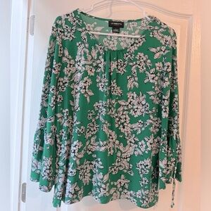Liz Claiborne Green Floral Bell Sleeve Blouse Sz L